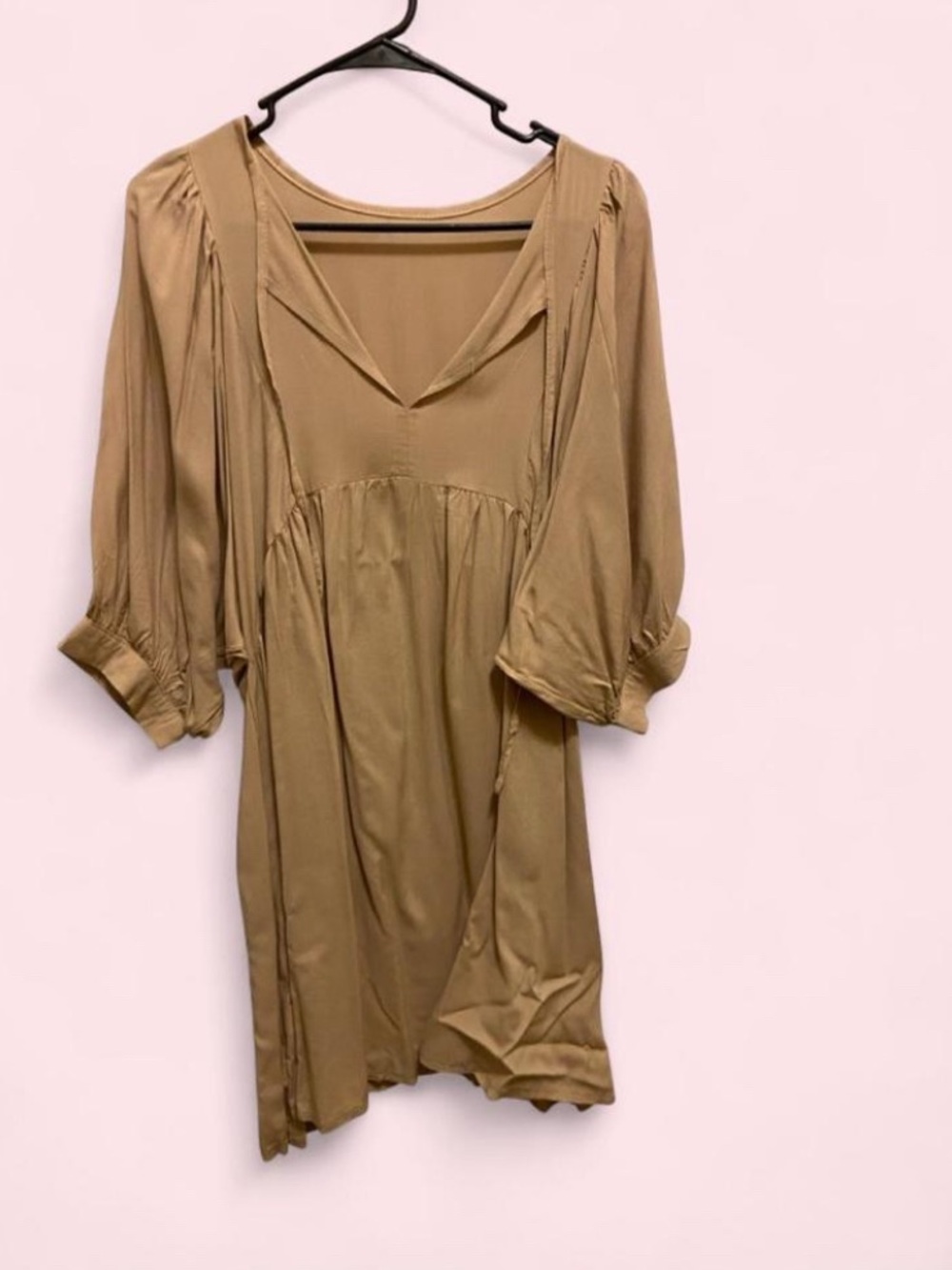 Beige Boho V-Neck Babydoll Dress with Long Sleeves